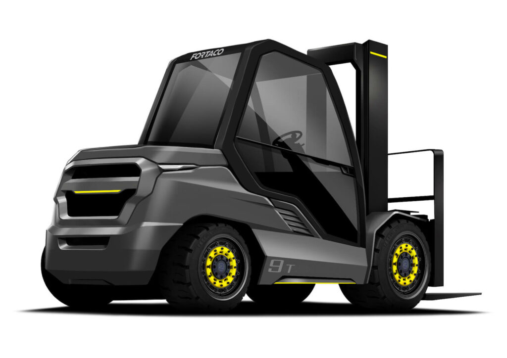 A forklift truck on a white background.