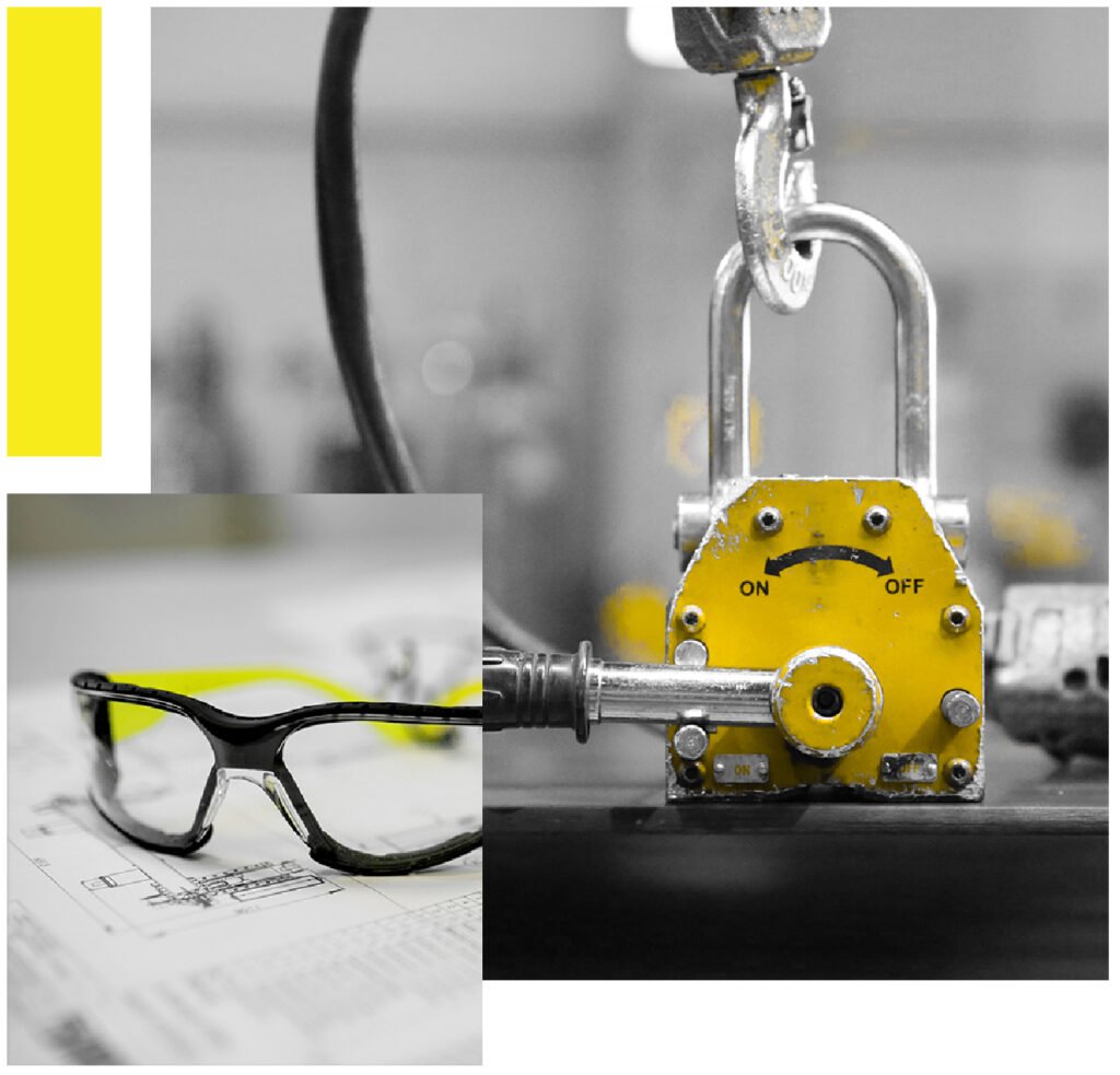 A pair of safety glasses and a padlock.