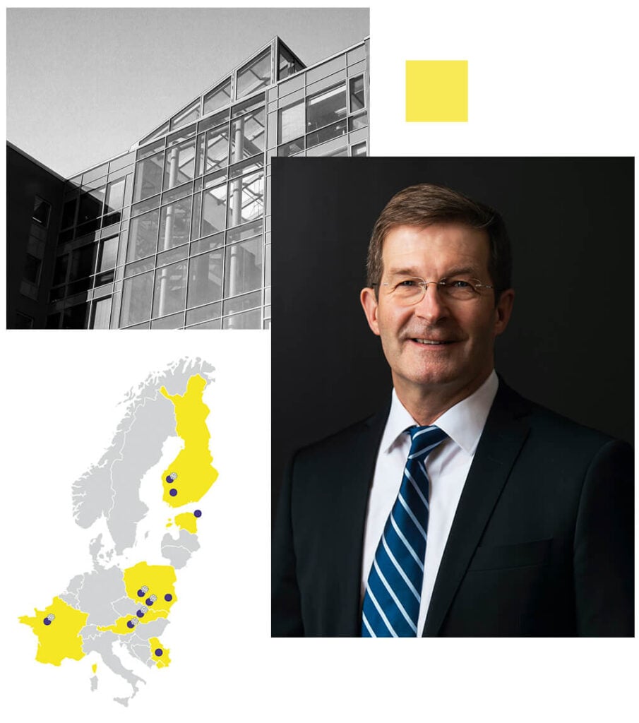 A man in a suit and glasses smiles in a portrait. Above him is a modern glass building. At the bottom left is a map of Northern Europe with several yellow-highlighted countries and blue location dots.