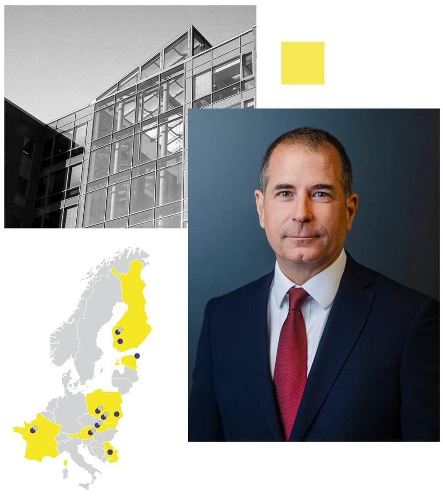 A man in a suit and red tie, a modern glass building, a yellow square, and a map of Northern Europe with highlighted cities marked in yellow and blue dots.